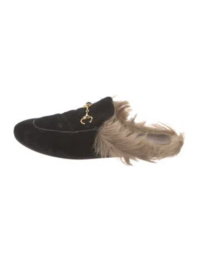 Pre-owned Gucci Horsebit Accent Velvet Mules In Black