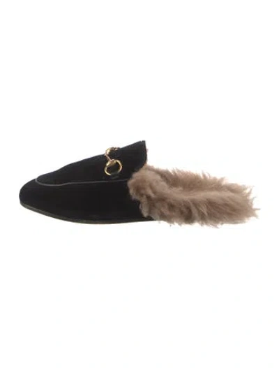 Pre-owned Gucci Horsebit Accent Velvet Mules In Black