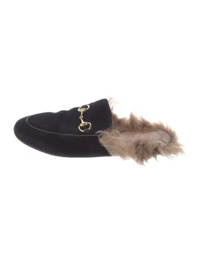 Pre-owned Gucci Horsebit Accent Velvet Mules In Black