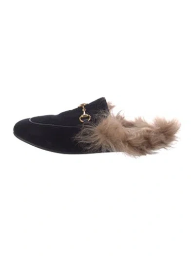 Pre-owned Gucci Horsebit Accent Velvet Mules In Black