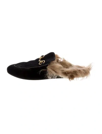 Pre-owned Gucci Horsebit Accent Velvet Mules In Black
