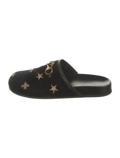 Pre-owned Gucci Horsebit Accent Velvet Mules In Black