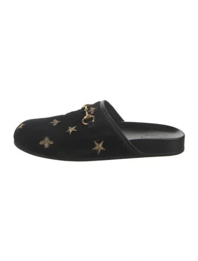 Pre-owned Gucci Horsebit Accent Velvet Mules In Black