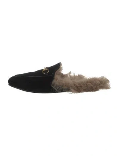Pre-owned Gucci Horsebit Accent Velvet Mules In Black
