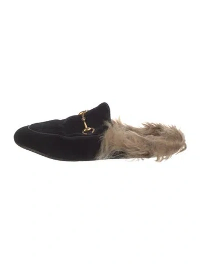Pre-owned Gucci Horsebit Accent Velvet Mules In Black