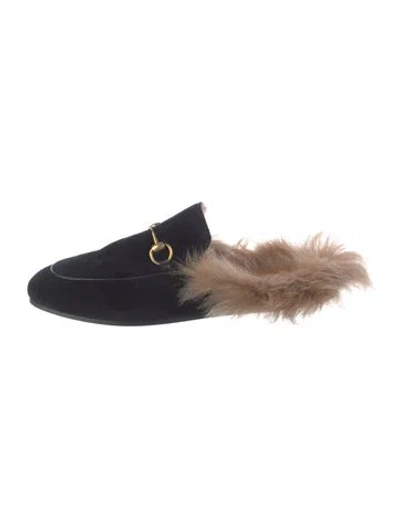 Pre-owned Gucci Horsebit Accent Velvet Mules In Black