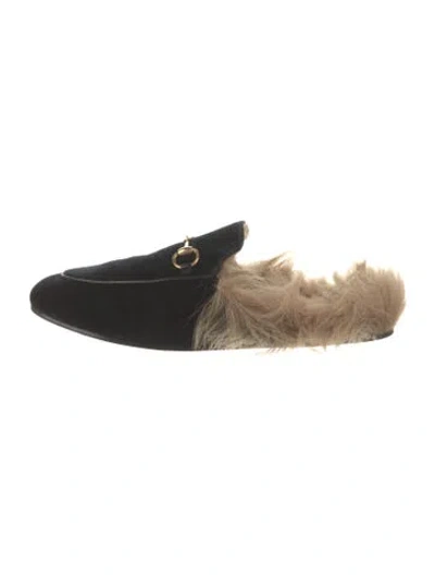 Pre-owned Gucci Horsebit Accent Velvet Mules In Black