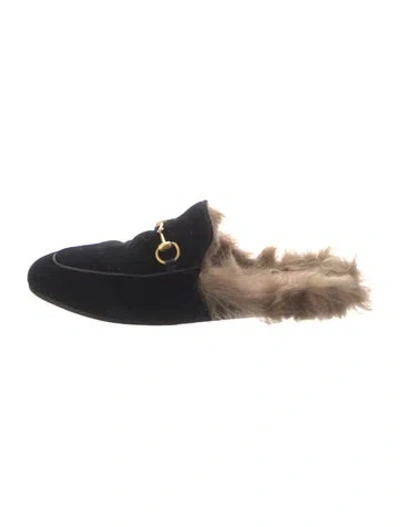 Pre-owned Gucci Horsebit Accent Velvet Mules In Black