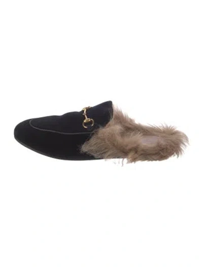 Pre-owned Gucci Horsebit Accent Velvet Mules In Black