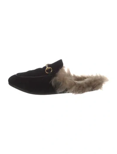 Pre-owned Gucci Horsebit Accent Velvet Mules In Black