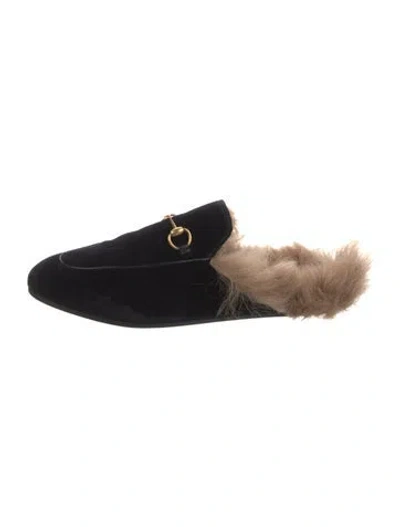 Pre-owned Gucci Horsebit Accent Velvet Mules In Black