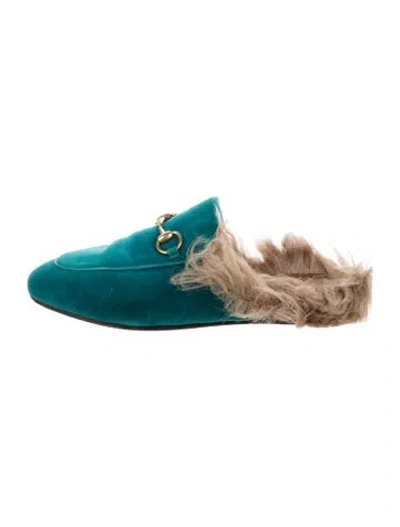 Pre-owned Gucci Horsebit Accent Velvet Mules In Blue