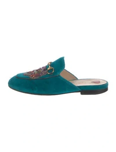 Pre-owned Gucci Horsebit Accent Velvet Mules In Blue