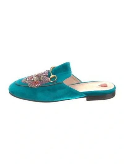 Pre-owned Gucci Horsebit Accent Velvet Mules In Blue