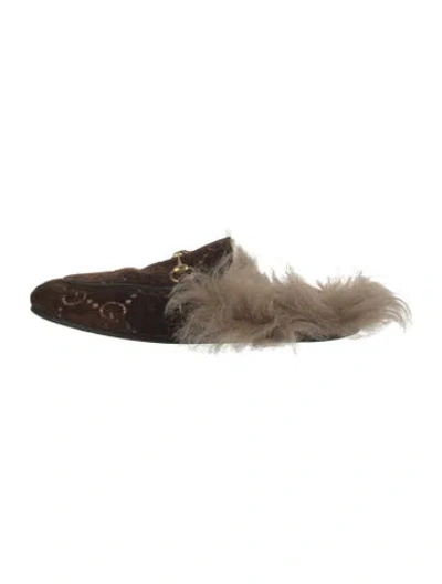 Pre-owned Gucci Horsebit Accent Velvet Mules In Brown