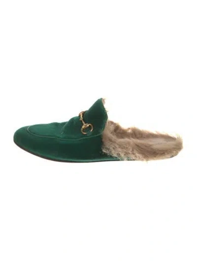 Pre-owned Gucci Horsebit Accent Velvet Mules In Green