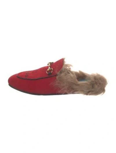 Pre-owned Gucci Horsebit Accent Velvet Mules In Red
