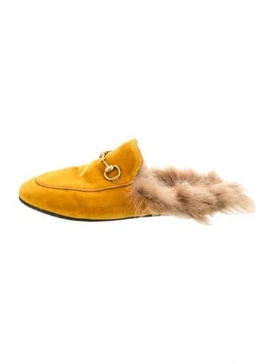 Pre-owned Gucci Horsebit Accent Velvet Mules In Yellow