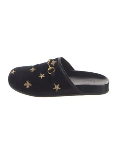 Pre-owned Gucci Horsebit Accent Velvet Slides In Blue