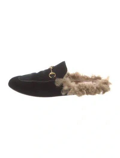 Pre-owned Gucci Horsebit Accent Velvet Slippers In Black