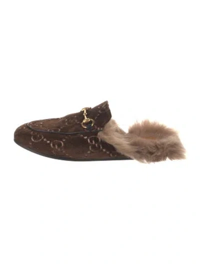 Pre-owned Gucci Horsebit Accent Velvet Slippers In Brown