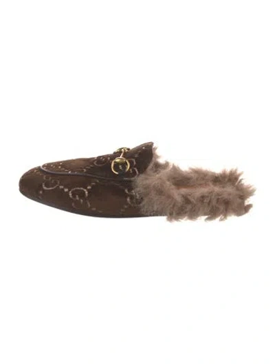 Pre-owned Gucci Horsebit Accent Velvet Slippers In Brown