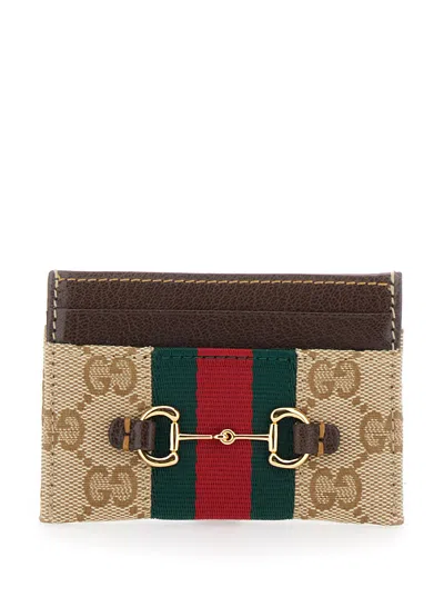 Gucci Horsebit & Web Stripe Card Case In Beige