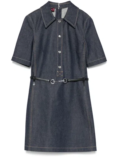 Gucci Women Denim Mini Dress With Horsebit In Blue