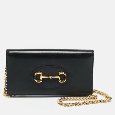 Pre-owned Gucci Horsebit Black Leather Wallet On Chain