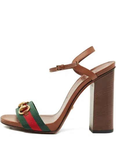 Pre-owned Gucci Horsebit Block-heel Sandals In Brown