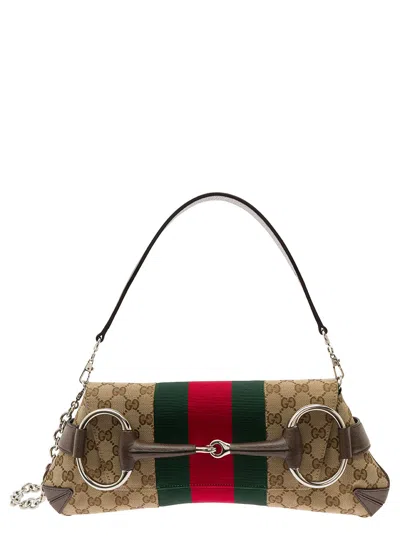 Gucci 'horsebit' Brown Shoulder Bag With Web Stripe In Gg Supreme Canvas Woman In Cream