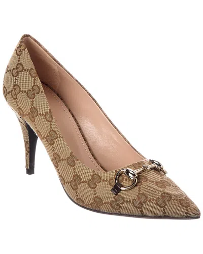 Gucci Horsebit Canvas & Leather Pump In Brown