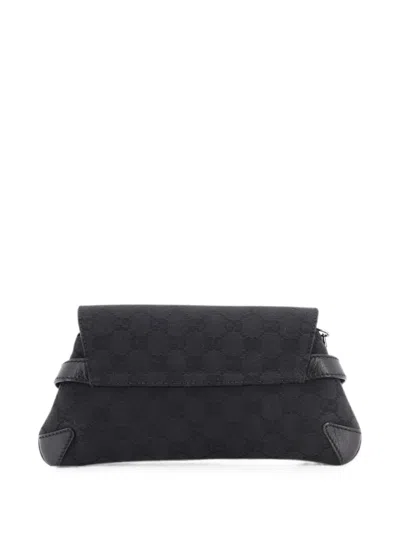 Pre-owned Gucci Horsebit Chain Gg Canvas With Leather Medium Clutch Bag In Black