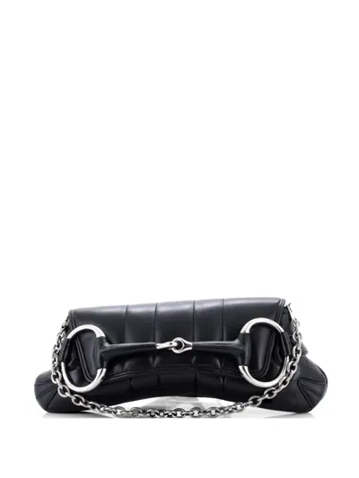 Pre-owned Gucci Horsebit Chain Shoulder Bag Vertical Quilted Leather Medium Clutch Bag In Black