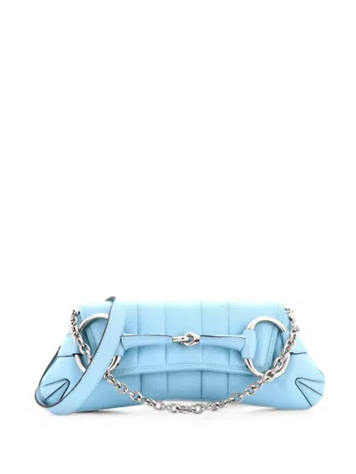Pre-owned Gucci Horsebit Chain Shoulder Bag Vertical Quilted Leather Medium Clutch Bag In Blue