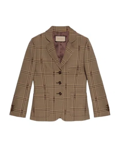 Gucci Horsebit Checked-jacquard Wool Blazer In Brown