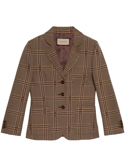 Gucci Horsebit Checked-jacquard Wool Blazer In Braun