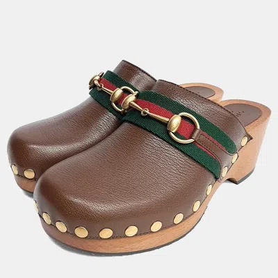 Pre-owned Gucci Horsebit Clog Mules In Brown