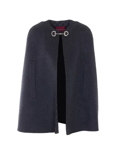Gucci Women Black Cape With Clamp Closure On The Front And Internal Gg Motif In Wool And Silk Woman In Gray