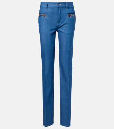 Gucci Horsebit Cotton Chambray Slim Pants In Blue