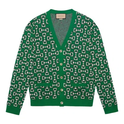 Gucci Horsebit Cotton Piquet Cardigan 'green Ivory'