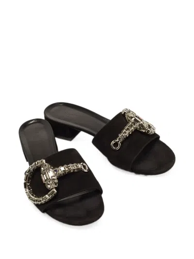 Pre-owned Gucci Horsebit Crystal Sandals In Black