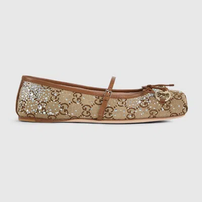 Gucci Horsebit Damenballerina Mit Gg Kristallen In Brown