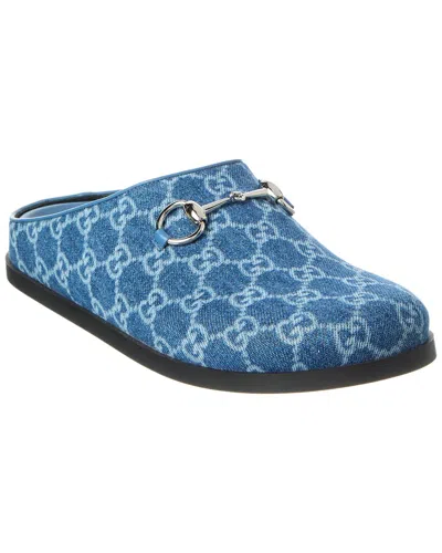Gucci Horsebit Denim & Leather Mule In Blue