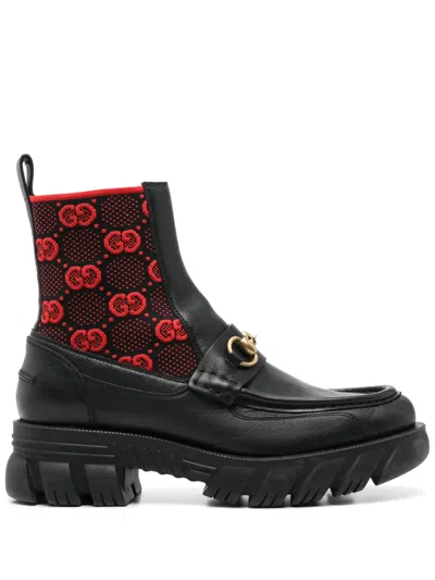 Pre-owned Gucci Horsebit-detail Gg-jacquard Boots In Black