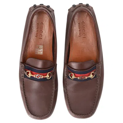 Pre-owned Gucci Horsebit Detail Web Stripe Leather Loafers In Brown