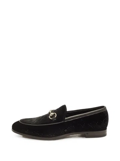 Pre-owned Gucci Horsebit Diamond Velvet Loafers In Black