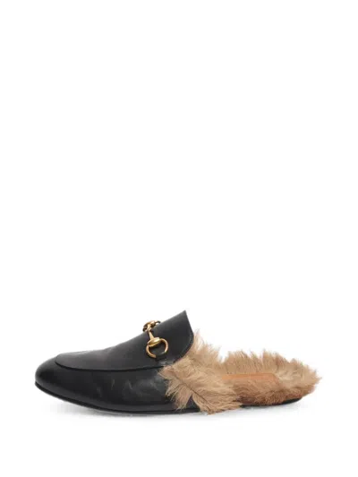 Pre-owned Gucci Horsebit Fur-trim Mules In Black