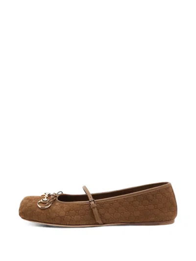 Pre-owned Gucci Horsebit Gg Ballet Flats In 褐色