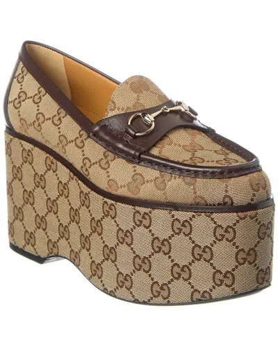 Gucci Horsebit Gg Canvas & Leather Platform Loafer In Brown